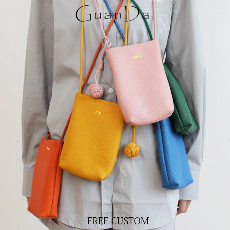 Design de luxo Bolsa de telefone transversal para mulheres, couro genuíno, bolsa de ombro, iniciais personalizadas, bolsas casuais para senhoras, bolsa de moda
