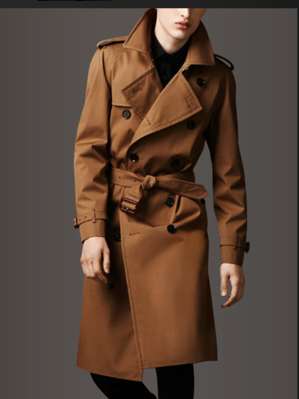 Casaco quebra-vento estendido clássico masculino com cinto, jaqueta casual de negócios longa x, peito duplo, corta-vento estilo britânico, marrom
