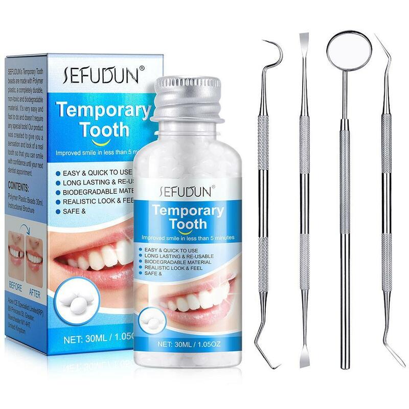 Kit de reparación de dientes para adultos, materiales de reparación de orificios de dientes sólidos temporales, prácticos, Unisex, con 4 herramientas dentales, herramienta de belleza Dental, 30ml