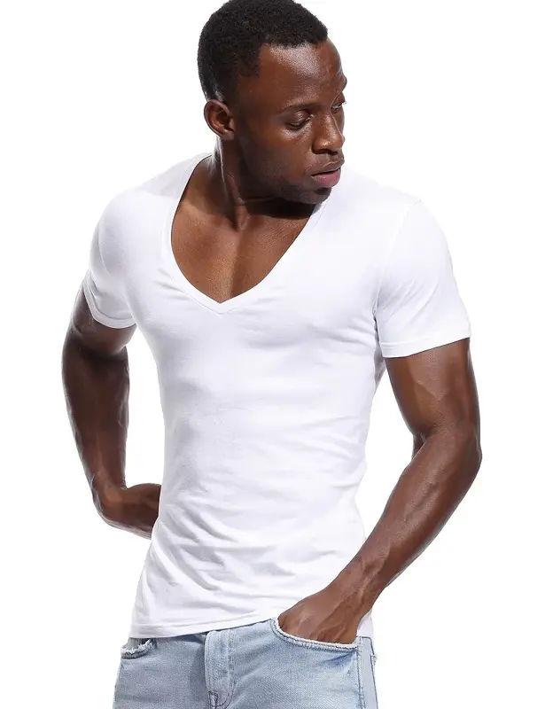 Diepe V-hals T-shirt Voor Mannen Low Cut Vneck Brede Vee Tee Mannelijke Tshirt Onzichtbare Hemd Model Scoop Zoom slim Fit Korte Mouw