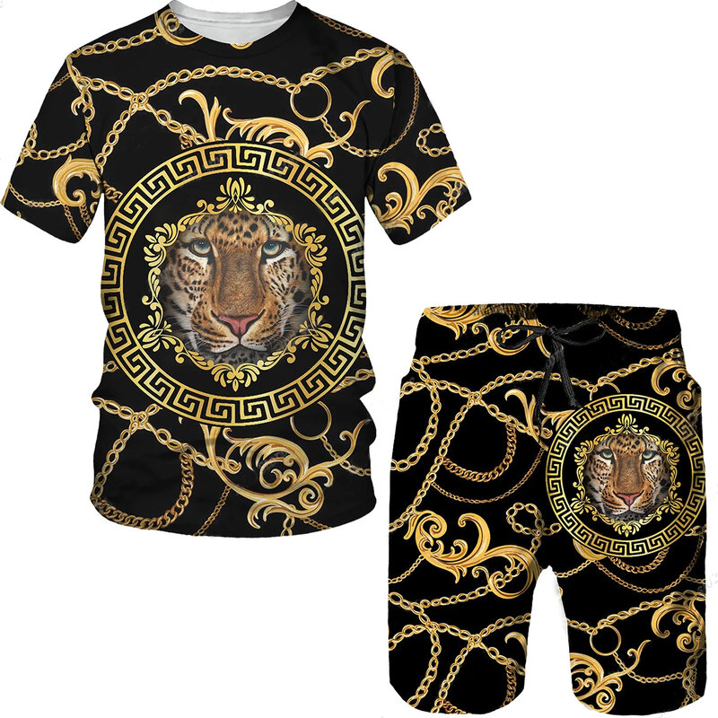 Conjunto de camiseta e shorts estampados em 3D para homens, roupas esportivas simples, conjunto esportivo fitness, calças de leão, 2022