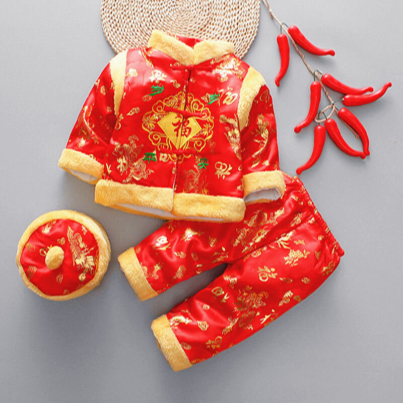 Traje Tang de Año Nuevo para bebé, trajes tradicionales chinos de aniversario, algodón con manchas, Hanfu cálido, invierno, 10 colores, 3 piezas