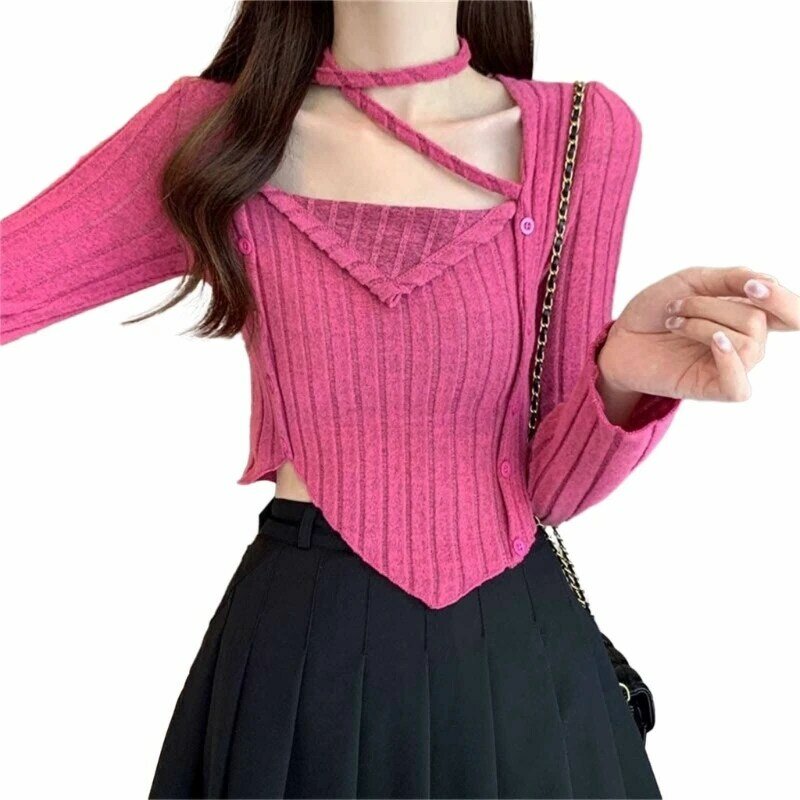 Suéter ajustado Color liso para mujer, Top corto cuello Halter Irregular punto acanalado manga larga, envío directo