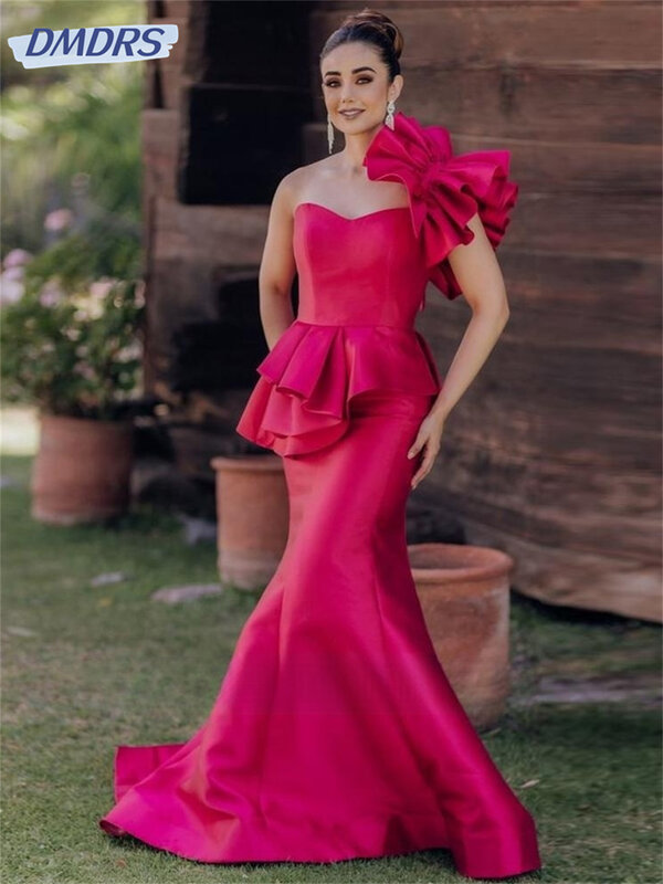 Fuschia Satin Mermaid Evening Party Dresses Sweetheart One Shoulder Prom Dress Floor Length Pleat Formal Gowns For Women