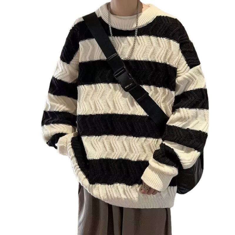 Lazy Coat Vintage Stripe Sweater Men's Autumn and Winter Thickened Design Sense Small Crowd Round Neck Sweater Fashion Brand