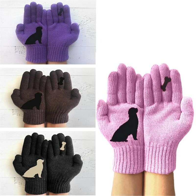 1 пара Зимние перчатки для мужчин женщин подростковые Симпатичные щенки с принтом кости теплые трикотажные перчатки, ветрозащитные зимние теплые мягкие