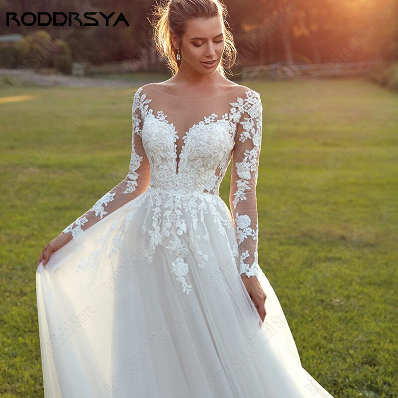 Roddrsya pastrol ชุดแต่งงานสำหรับผู้หญิงแขนยาวภาพลวงตาด้านหลังชุดเจ้าสาว applique A-Line Tulle vestidos de novia