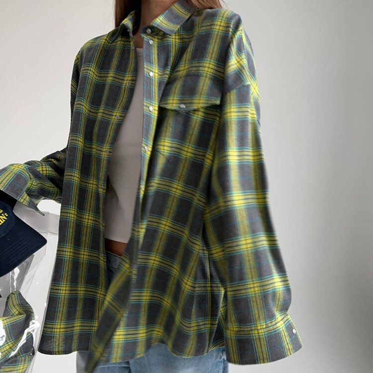Vintage Loose Plaid Women'S Shirt Fashion Lapel Long Sleeve Office Lady Shirts And Blouses Tops Female Clothing 2023