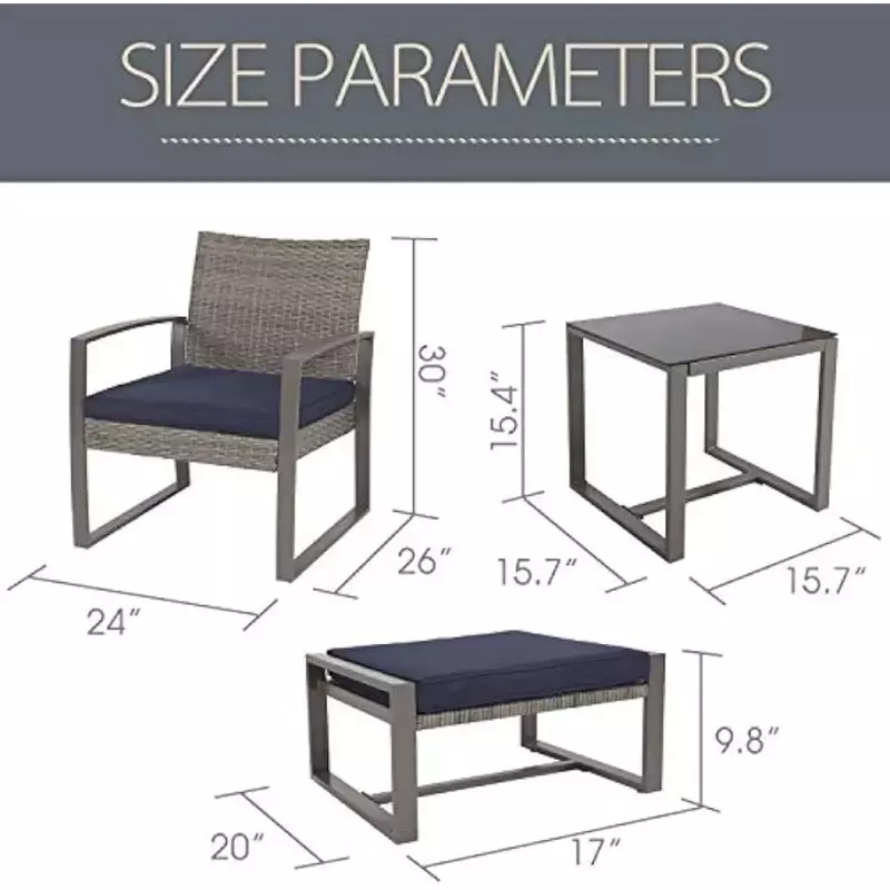5 Piece Outdoor Conversation Set Furniture PE Rattan All Day Upholstered Chairs Balcony Porch, Glass Coffee Side Table