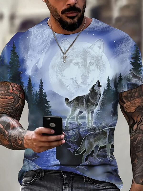 Футболка мужская с 3D-принтом волка, модная Повседневная рубашка с коротким рукавом, уличная одежда в стиле хип-хоп, европейский размер