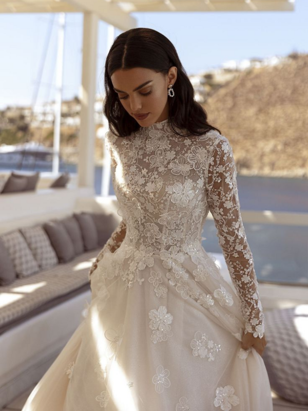 Charming A Line Wedding Dress Tulle With High Neck Beading Flowers With Lace Applique Full Sleeves Button Back Bridal Gowns