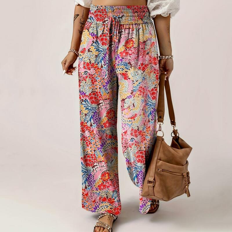 Pantalones de pierna ancha de cintura alta con estampado Floral para mujer, pantalones con bolsillos ajustables, ropa de calle, ropa de negocios