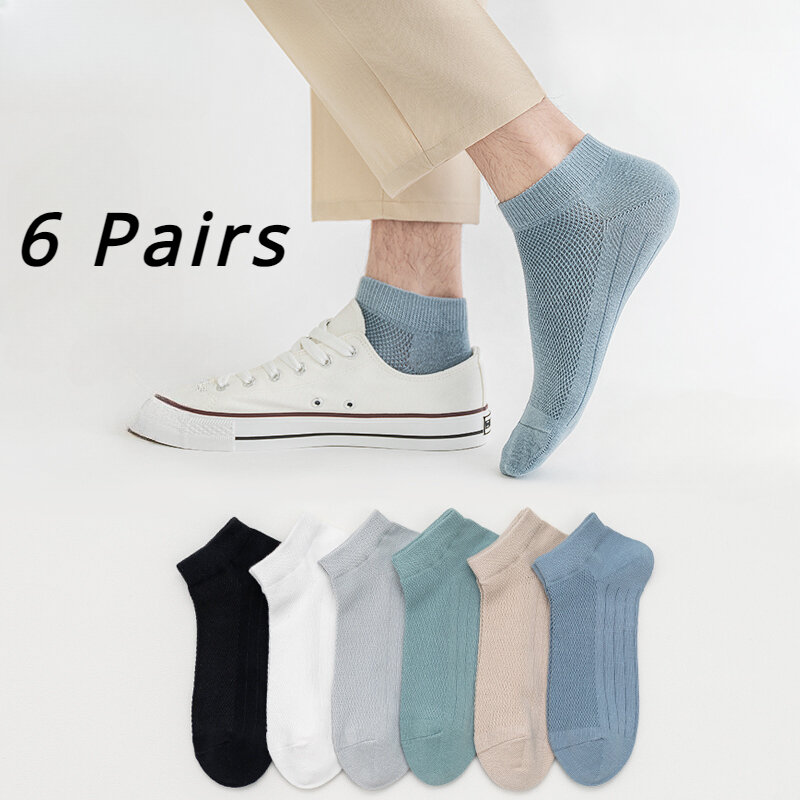 Calcetines de algodón de alta calidad para hombre, medias deportivas de malla transpirable, tobilleras invisibles, color blanco y negro, 6 pares