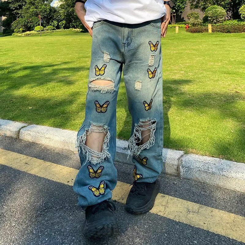 Vintage Washed High Waisted Jeans Woman Casual Butterfly Embroidery Ripped Jeans for Women High Street Baggy Jeans Women Pants