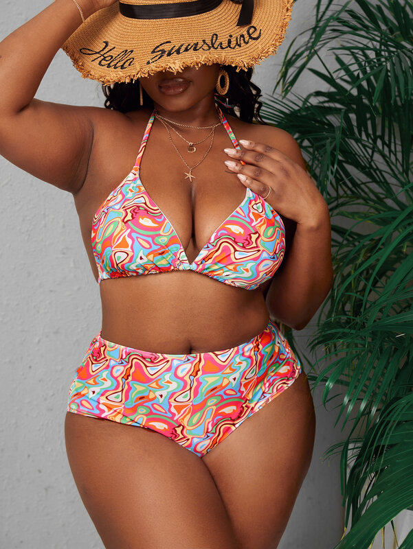 Conjunto de Bikini para mujer, traje de baño de dos piezas con estampado de talla grande, ropa de playa Sexy, 2024