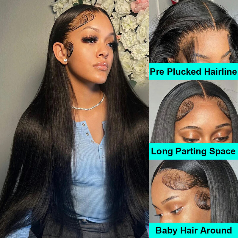Perucas de cabelo humano do laço transparente para mulheres negras, reta, densidade de 250%, peruca frontal 4x4, 13x6 HD, pré arrancada com cabelo de bebê, macia