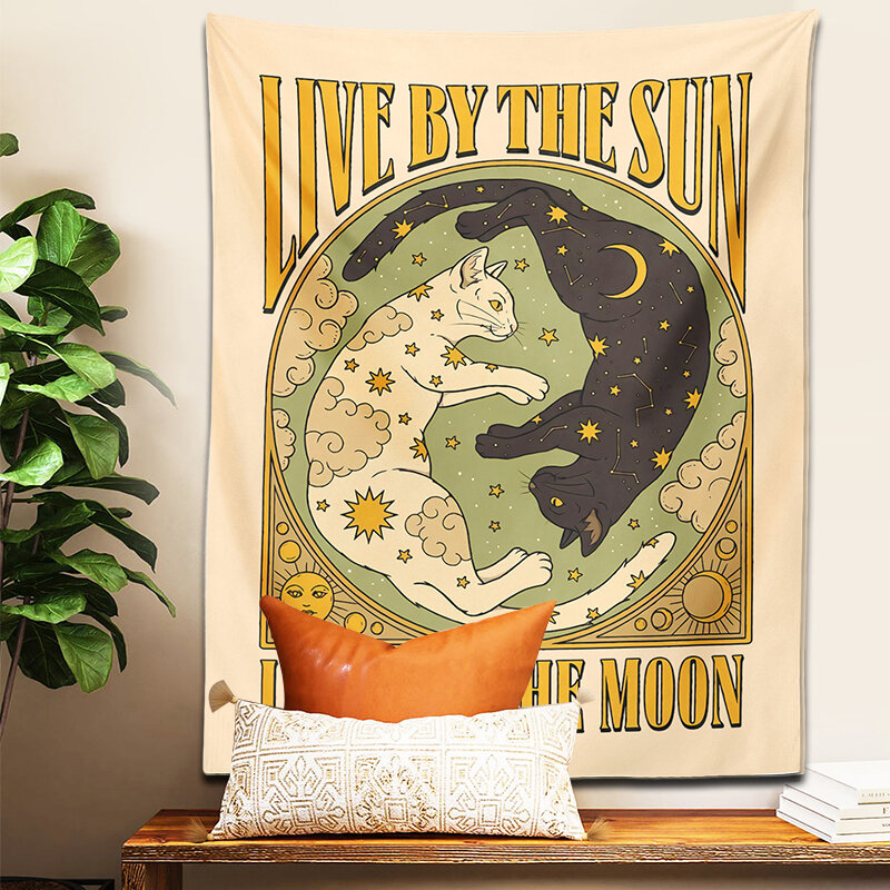 Sun Moon cat Tapestry Wall Hanging Tarot retro black white cat psychedelic love star for Living Room Home Dorm Decor Cloth gift