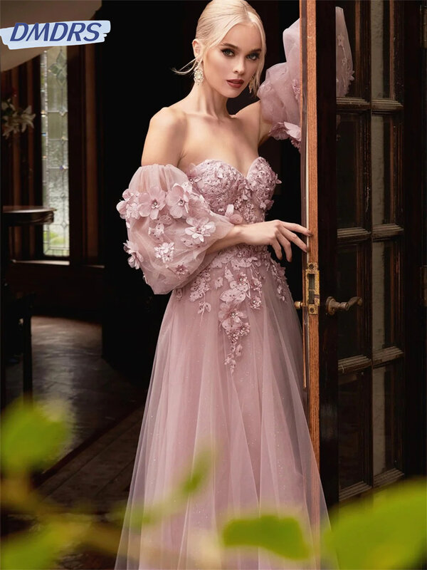 Anggun Off-Shoulder gaun 2024 romantis bunga bordir gaun malam klasik A-Line lantai gaun Vestidos De Novia