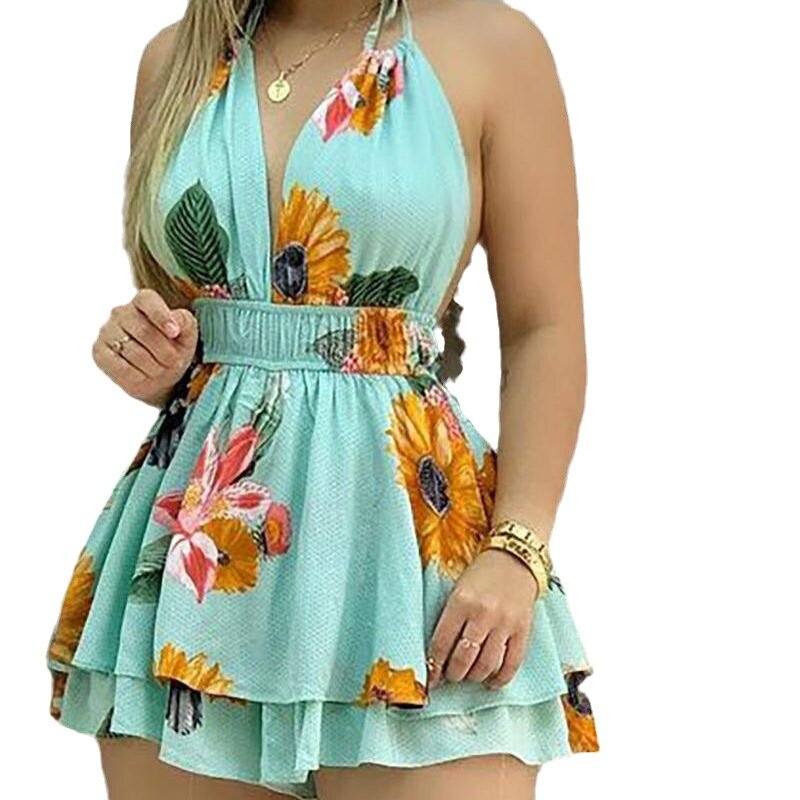 2023 New Women Romper Playsuits High Waist Floral Flower Sleeveless Strap V Neck Sexy Mini Rompers
