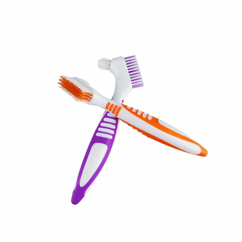 Setole multistrato pulizia della protesi denti finti spazzola cura orale impugnatura ergonomica in gomma antiscivolo doppie teste antibatteriche