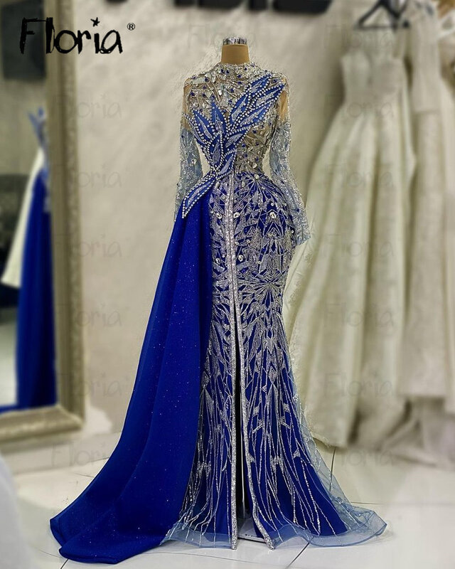 Vestido de noche azul musulmán de Oriente Medio, vestidos de fiesta de boda de lujo con cuentas, vestidos de graduación hechos a medida de talla grande para bodas, 2023