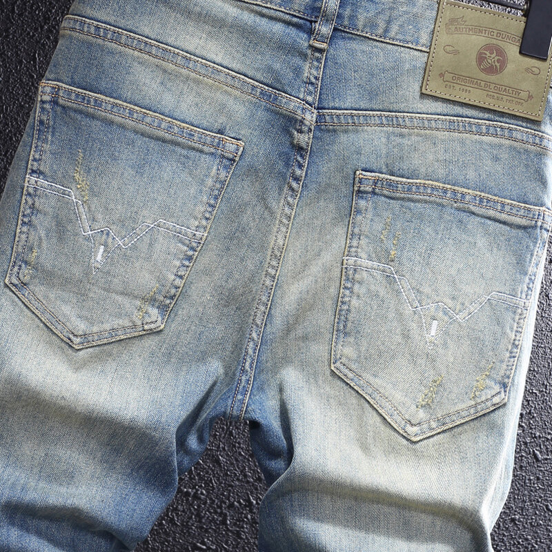 Markowe męskie jeansy Retro sprany niebieski wysokiej jakości elastyczne Slim Fit porwane jeansy męskie spodnie Vintage spodnie dżinsowe Hombre