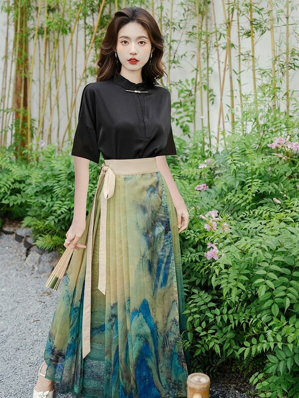 Vestido de hada Hanfu chino tradicional para mujer, camisa negra moderna, falda con cara de caballo impresa en verde, 2 piezas, elegante, novedad de verano