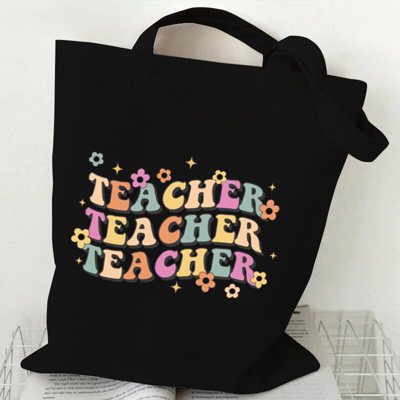 Bolsas vintage de letras coloridas para mulheres sacola de lona, estilo floral, moda Y2K, sacolas de compras, bolsa lateral feminina, presente do professor