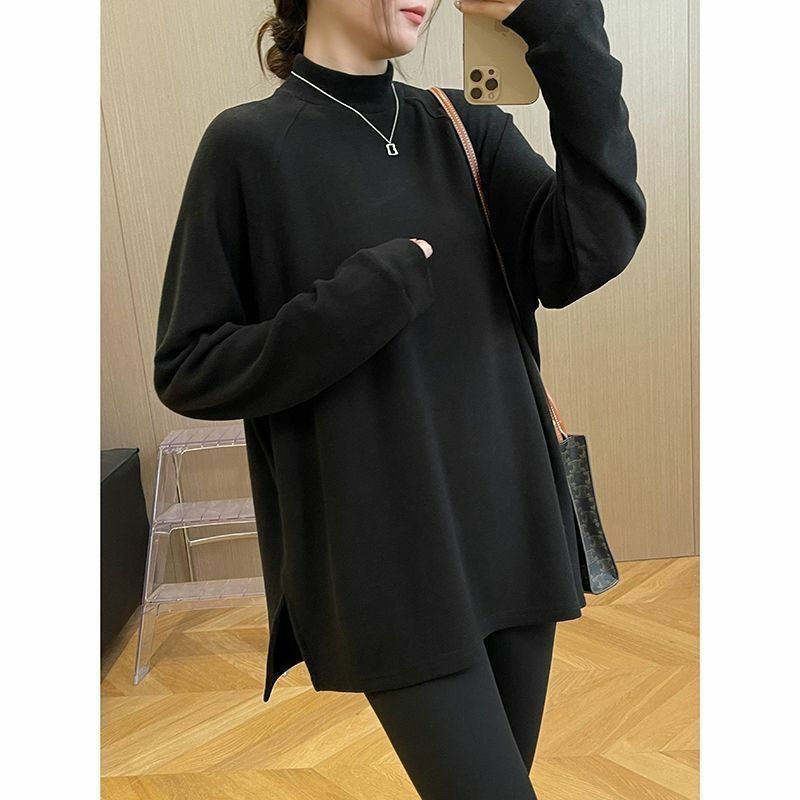 Moda colletto alla coreana sciolto t-Shirt tinta unita coreana abbigliamento donna 2023 inverno oversize Casual top pendolare Tee Shirt