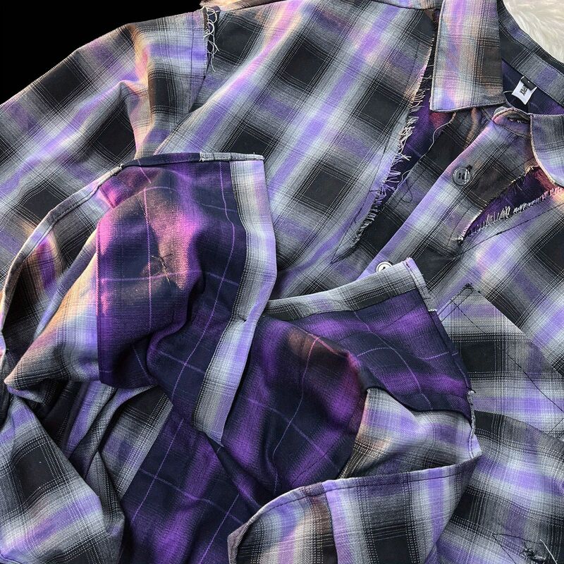 American retro plaid patchwork viola plaid shirt casual top uomo felpe high street coppie 2023 trendy streetwear