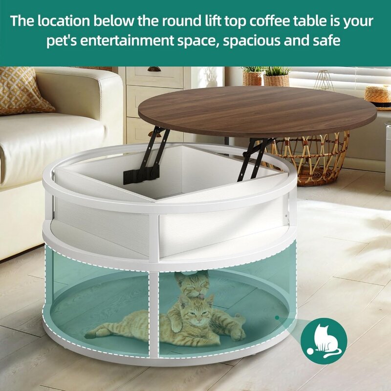 Mesa de café Round Lift Top para sala com armazenamento, Mesas de café marrons e brancas, Armazenamento