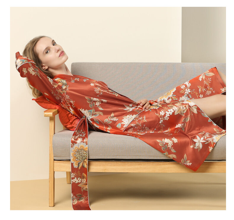 Birdtree-Camisón elegante de seda de morera para mujer, bata larga con estampado de Chinoiserie, cómoda de lujo, primavera y verano, 90%, P41481QD