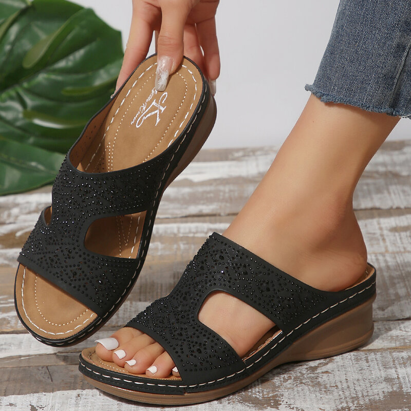 2024 Women Wedge Slippers Premium Open Toe Sandals Vintage Anti-slip Leather Casual Female Platform Retro Slippers Slides Women