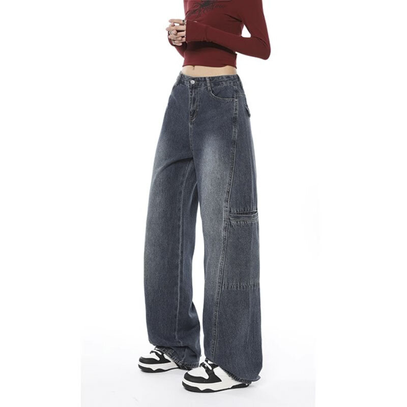 Новинка осени 2023, синие джинсы для женщин, рабочая одежда, модная уличная одежда, джинсовые брюки, джинсы-карго с широкими штанинами и высокой талией