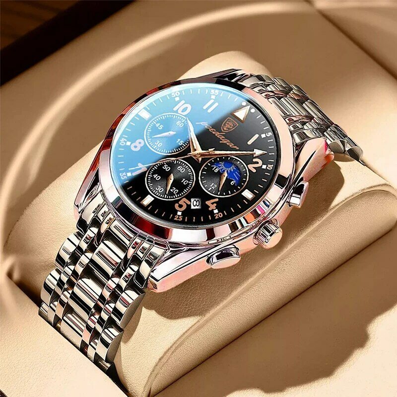 남성 시계 럭셔리 비즈니스 골드 쿼츠 시계 스테인레스 스틸 스트랩 스포츠 크로노 그래프 남성용 손목 시계, 야광 방수 시계