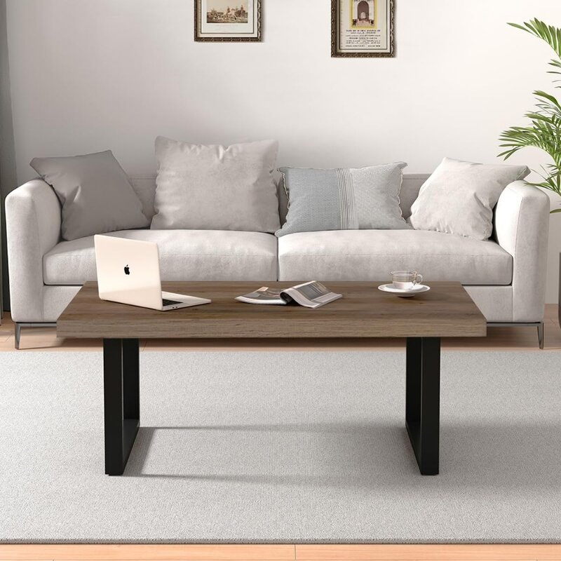 Mesa de centro de madera y Metal para sala de estar, mueble redondo de 39 pulgadas, color gris oscuro, estilo moderno y sencillo