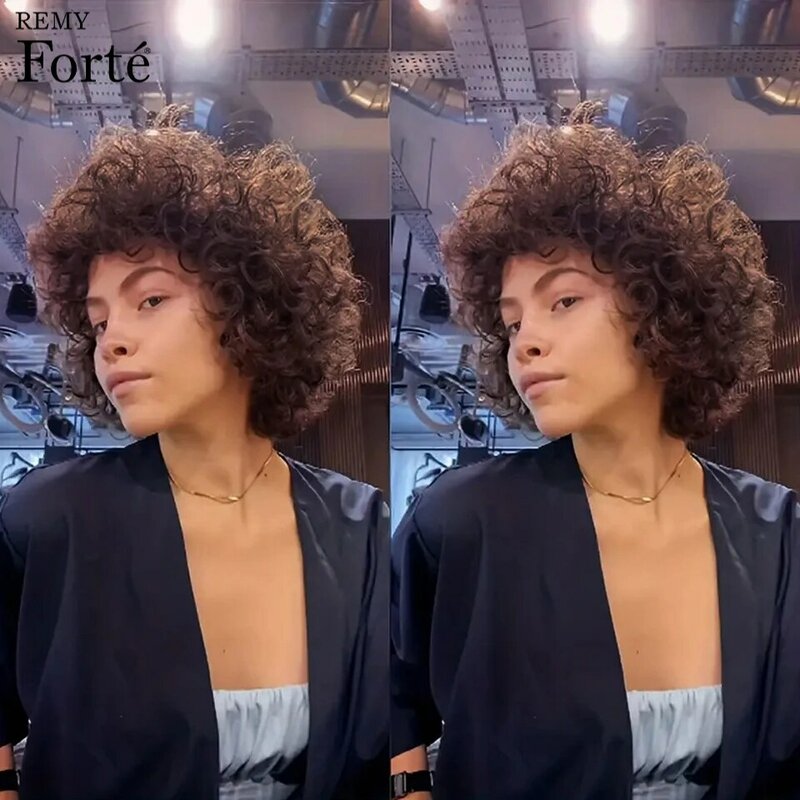 Remy Forte-Peluca de cabello humano rizado, pelo corto Bob, hecho a máquina, Afro, marrón, barato