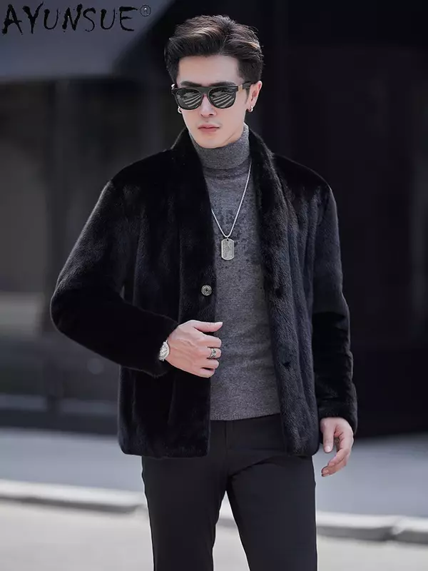 AYUNSUE Real Fur Coat High-end Mink Fur Coats for Men 2023 Winter Black Fur Coats Single-breasted Mink Fur Jacket V-neck Outwear