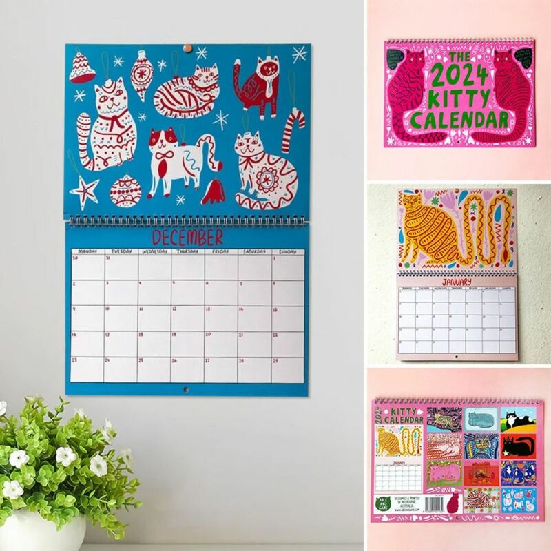 Hadiah Tahun Baru 2024 kalender kucing dekorasi dinding menyenangkan waktu perencanaan kucing aneh kertas kalender 2024 dinding perencana rumah