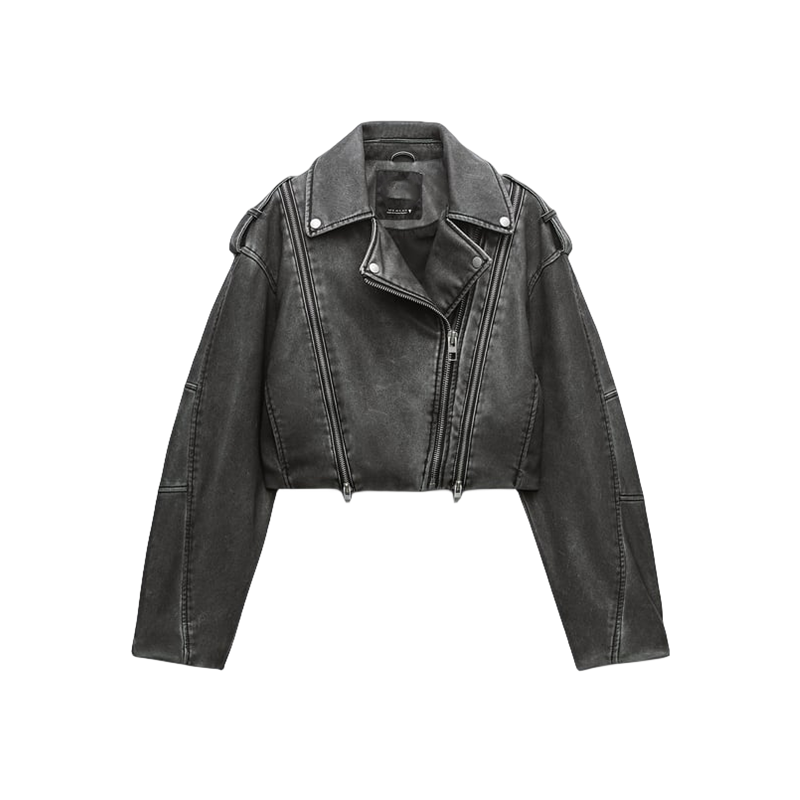 Veste de motard effet cuir distressé pour femme, nouvelle épaulette de Traf, embellir la manchette de chiffon, multi-zip, mode, court, 4341726