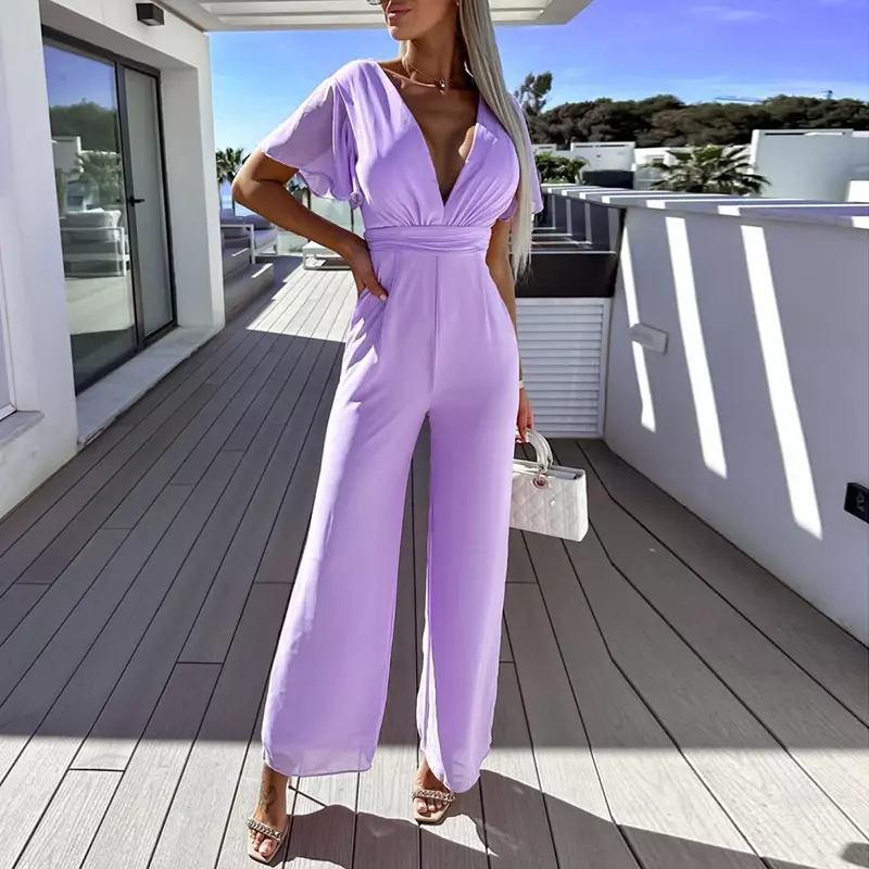 Summer New Slim Deep V Neck High Waist Jumpsuits Fashion Short Sleeves Casual Solid Lady Backless Zipper Straight Pants Rompers