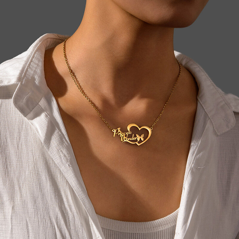 Goxijite Custom 2 Names Big Heart Butterfly Necklace For Women Girls Stainless Steel Customized Women's Birthday Jewelry Gift