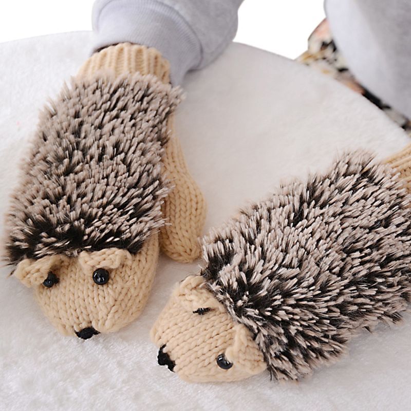 Hedgehog Gloves Warm Knit Outdoor Cycling Full Finger Mittens for Women