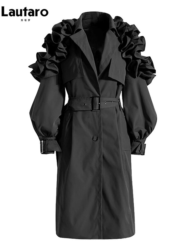 Lautaro Primavera Outono Longo Preto Khaki Trench Coat para As Mulheres Cinto Elegante Chic Designer De Luxo Roupas Runway Moda