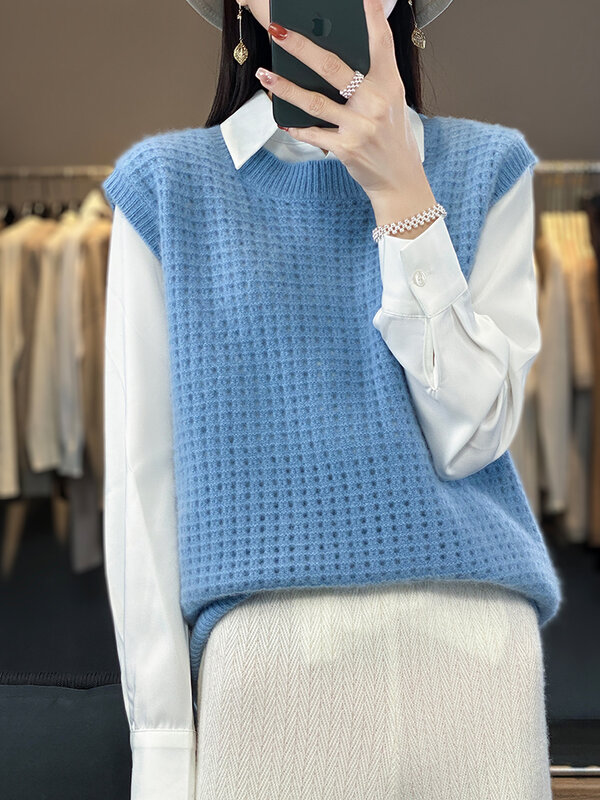 New Fashion Spring Summer Vest 100% Merino Wool Womens O-neck Sleeveless Pullover 2024 Female Clothing Grace Knitwear Vest