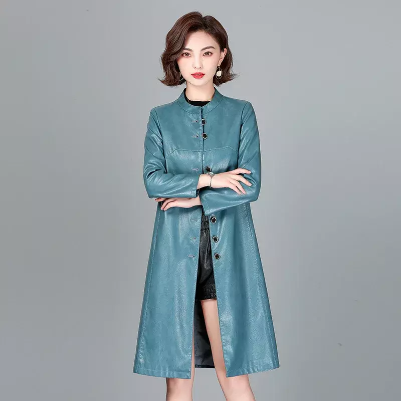 Korean Women's Leather Jackets 2023 Fashion Mid-length Windbreak Single Breasted Autumn Winter Leather Jacket Women Clothes Slim