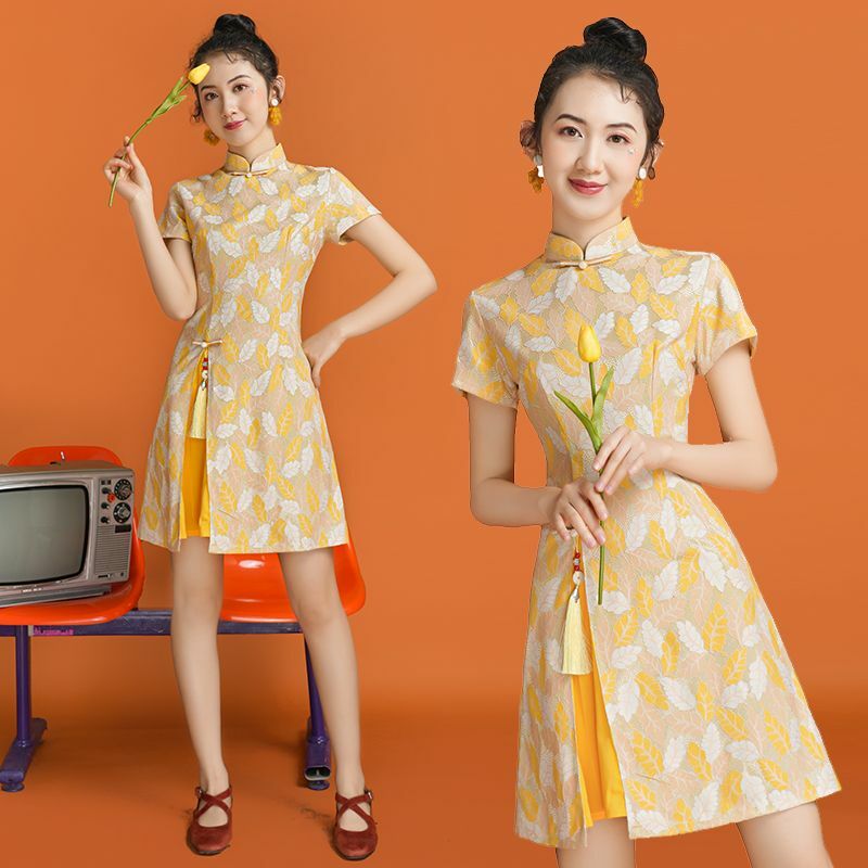 중국 반팔 노란색 레이스 레트로 중국 칼라 드레스, 치파오 소녀 데일리 개량 치파오 아시아 드레스, 여성 우아한 드레스