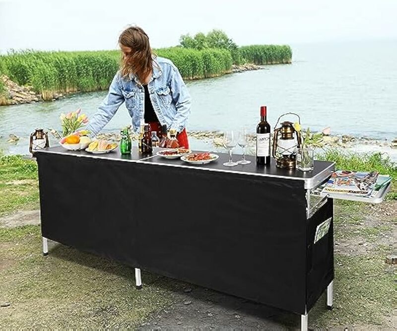 Mesa de bar portátil extra longa com saias e prateleira de armazenamento, mesa pop-up com suporte lateral para festa, pátio preto, ao ar livre