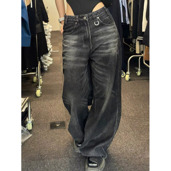 Pantalon Femme jesienno-zimowe spodnie z szerokimi nogawkami luźne jeansy kobieta w stylu Vintage moda uliczna Harajuku Y2K spodnie spodnie