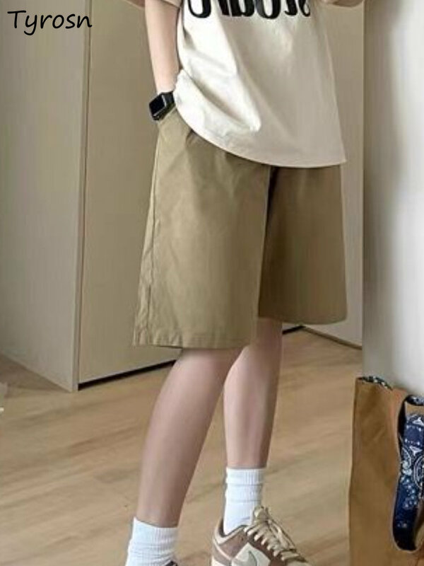 Шорты женские однотонные летние с эластичным поясом, модные простые универсальные прямые Повседневные в Корейском стиле, для студентов, в стиле ампир, для отдыха